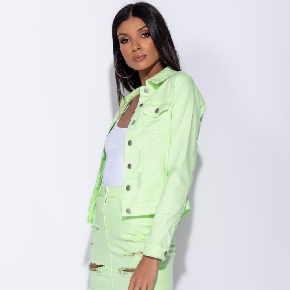 Rumors Neon Green Distressed Denim Jean Jacket - Picture 7 of 11